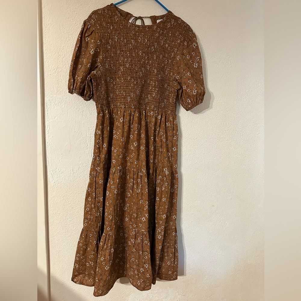 Petal & Pup Dress Naura Tiered Cotton Cognac Floral Midi Short Sleeves Size L
